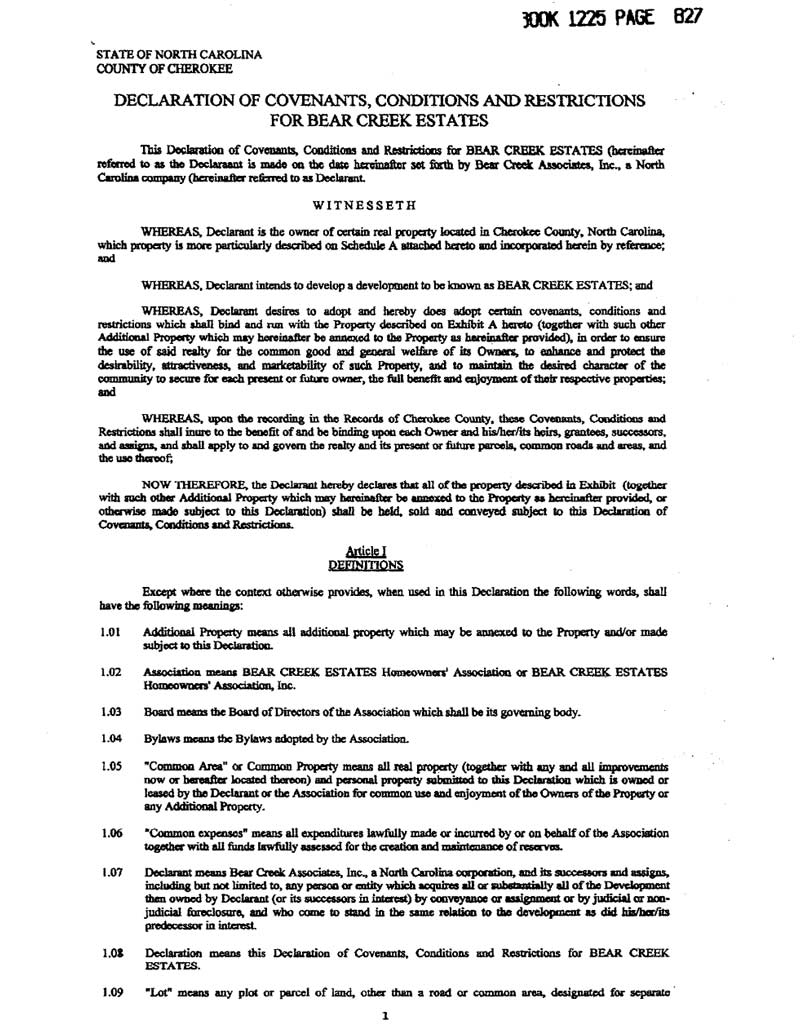 Bear Creek Estates Protective Covenants Pg 1