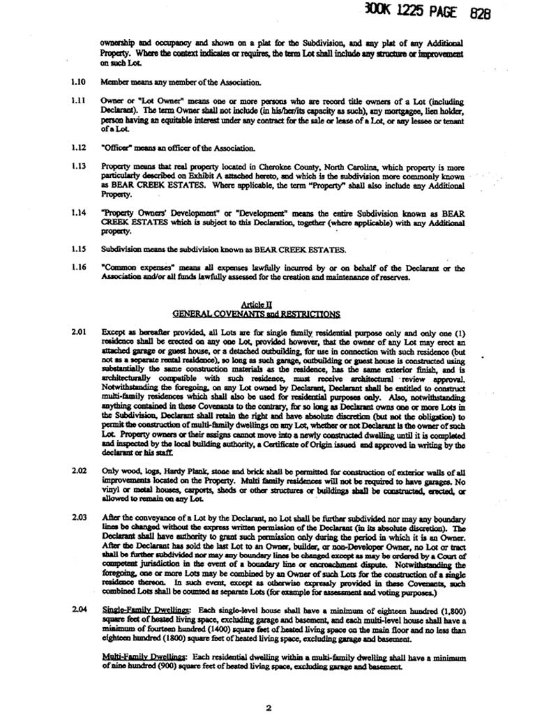 Bear Creek Estates Protective Covenants Pg 2